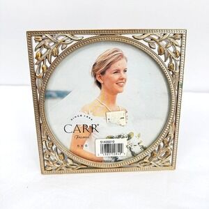 Carr VTG Picture Frame Round Photo Area Floral Filigree Gold Silver Tone 5x5